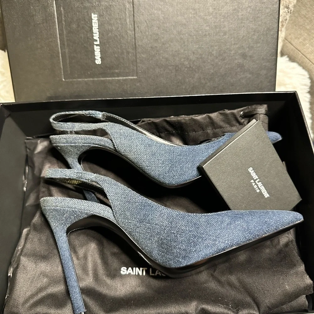 Saint Laurent Women's Anja 85 Denim Slingback Pumps in Blue - Picture 5 of 5